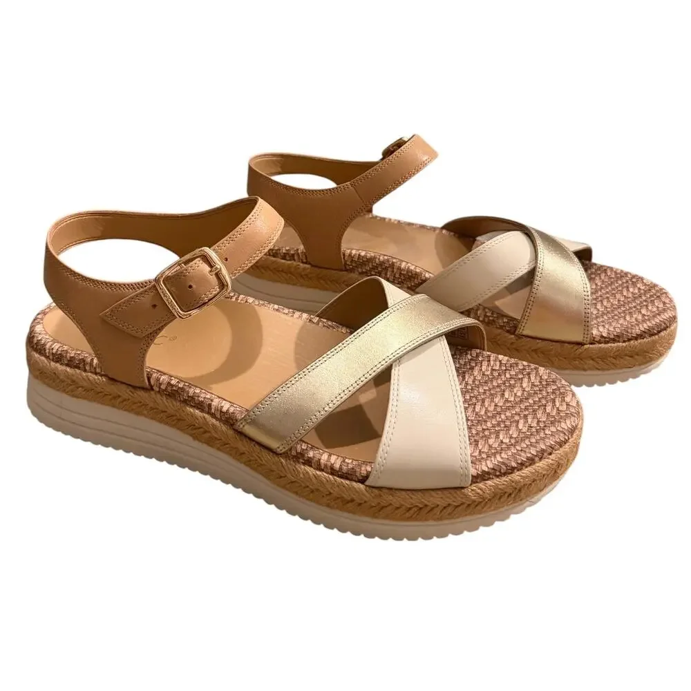 VIONIC Mar Wedge Sandal Camel Gold & Brown Leather NEW Women’s 8.5 Strappy Beach